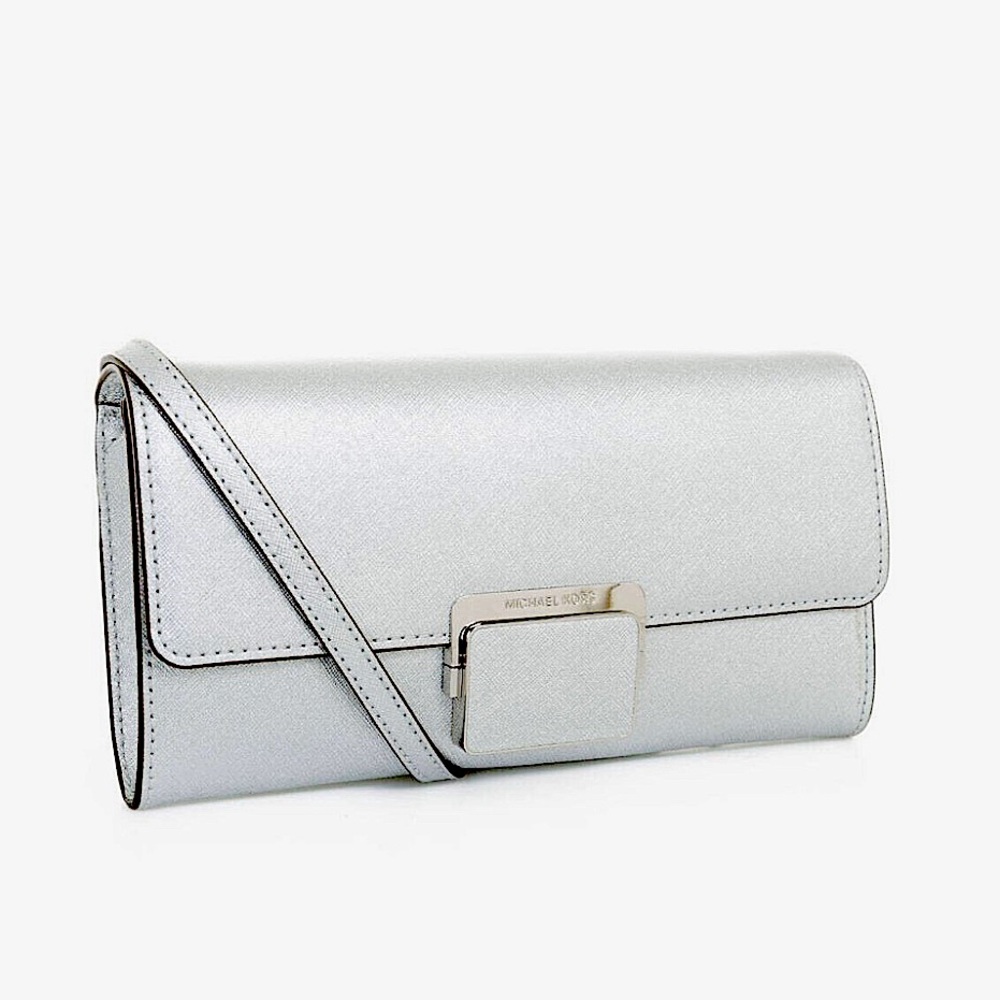 New Michael Michael Kors CYNTHIA Silver Saffiano CLUTCH